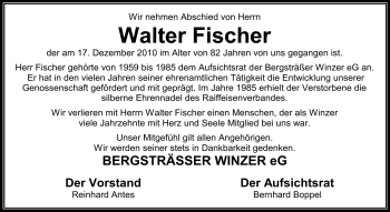 Traueranzeige von Walter Hans Fischer von Starkenburger Echo