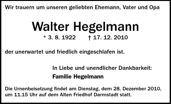 Traueranzeige von Walter Hegelmann von Darmstädter Echo, Odenwälder Echo, Rüsselsheimer Echo, Groß-Gerauer-Echo, Ried Echo