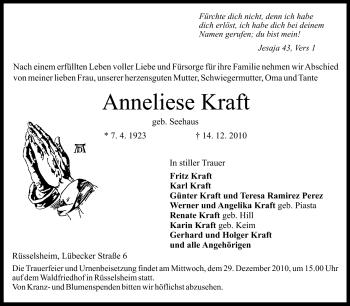 Traueranzeige von Anneliese Kraft von Rüsselsheimer Echo, Groß-Gerauer-Echo, Ried Echo