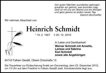 Traueranzeige von Heinrich Schmidt von Odenwälder Echo