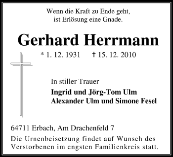 Traueranzeige von Gerhard Herrmann von Odenwälder Echo