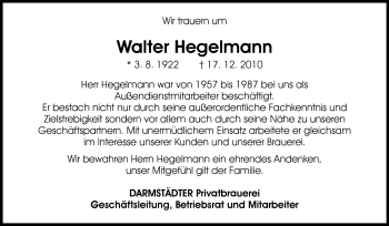 Traueranzeige von Hegelmann Walter von Echo-Zeitungen (Gesamtausgabe)