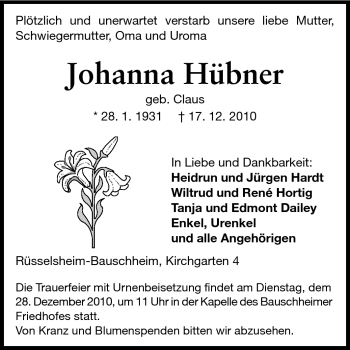 Traueranzeige von Johanna Hübner von Rüsselsheimer Echo, Groß-Gerauer-Echo, Ried Echo