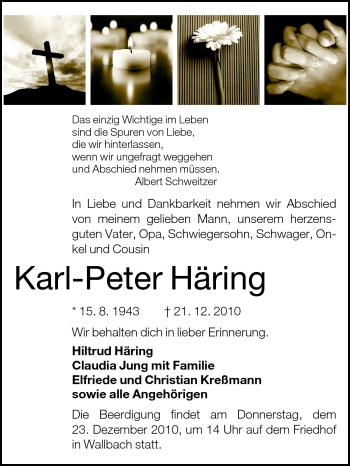 Traueranzeige von Karl-Peter Häring von Echo-Zeitungen (Gesamtausgabe)