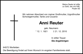 Traueranzeige von Anni Reuter von Rüsselsheimer Echo, Groß-Gerauer-Echo, Ried Echo