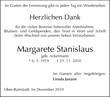 Traueranzeige von Margarete Stanislaus von Darmstädter Echo, Odenwälder Echo, Rüsselsheimer Echo, Groß-Gerauer-Echo, Ried Echo