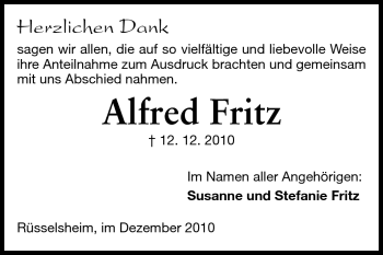 Traueranzeige von Alfred Fritz von Rüsselsheimer Echo, Groß-Gerauer-Echo, Ried Echo