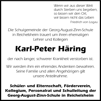 Traueranzeige von Karl-Peter Häring von Odenwälder Echo