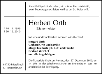 Traueranzeige von Herbert Orth von Odenwälder Echo