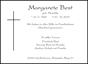 Traueranzeige von Margarete Best von Rüsselsheimer Echo, Groß-Gerauer-Echo, Ried Echo