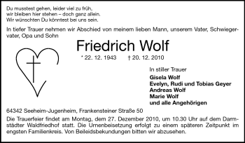 Traueranzeige von Friedrich Wolf von Echo-Zeitungen (Gesamtausgabe)