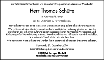 Traueranzeige von Thomas Schütte von Darmstädter Echo, Odenwälder Echo, Rüsselsheimer Echo, Groß-Gerauer-Echo, Ried Echo