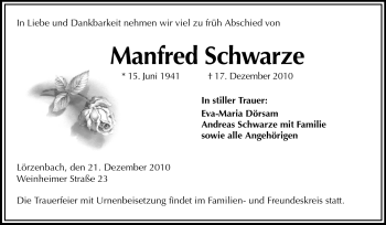 Traueranzeige von Manfred Schwarze von Starkenburger Echo