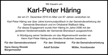 Traueranzeige von Karl-Peter Häring von Odenwälder Echo