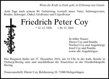 Traueranzeige von Friedrich Peter Coy von Echo-Zeitungen (Gesamtausgabe)