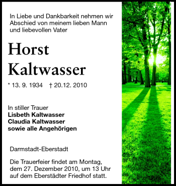Traueranzeige von Horst Kaltwasser von Darmstädter Echo, Odenwälder Echo, Rüsselsheimer Echo, Groß-Gerauer-Echo, Ried Echo
