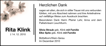 Traueranzeige von Rita Klink von Rüsselsheimer Echo, Groß-Gerauer-Echo, Ried Echo