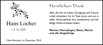 Traueranzeige von Hans Locher von Darmstädter Echo, Odenwälder Echo, Rüsselsheimer Echo, Groß-Gerauer-Echo, Ried Echo