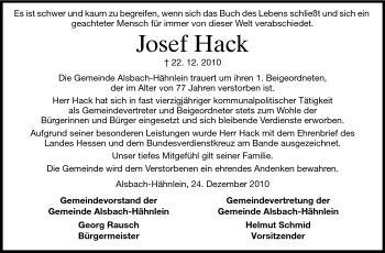 Traueranzeige von Josef Hack von Darmstädter Echo, Odenwälder Echo, Rüsselsheimer Echo, Groß-Gerauer-Echo, Ried Echo