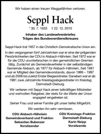 Traueranzeige von Seppl Hack von Echo-Zeitungen (Gesamtausgabe)