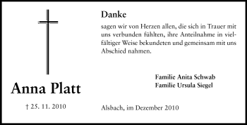 Traueranzeige von Anna Platt von Echo-Zeitungen (Gesamtausgabe)
