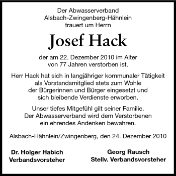 Traueranzeige von Josef Hack von Darmstädter Echo, Odenwälder Echo, Rüsselsheimer Echo, Groß-Gerauer-Echo, Ried Echo