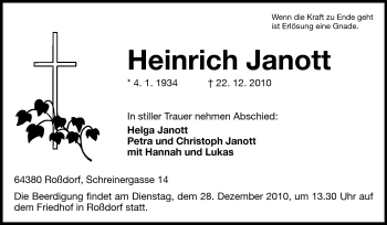 Traueranzeige von Heinrich Janott von Echo-Zeitungen (Gesamtausgabe)