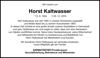 Traueranzeige von Horst Kaltwasser von Echo-Zeitungen (Gesamtausgabe)