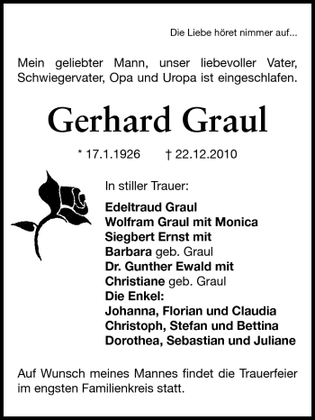Traueranzeige von Gerhard Graul von Rüsselsheimer Echo, Groß-Gerauer-Echo, Ried Echo