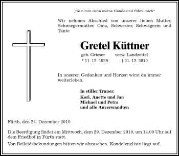 Traueranzeige von Gretel Küttner von Starkenburger Echo