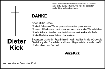 Traueranzeige von Dieter Kick von Starkenburger Echo