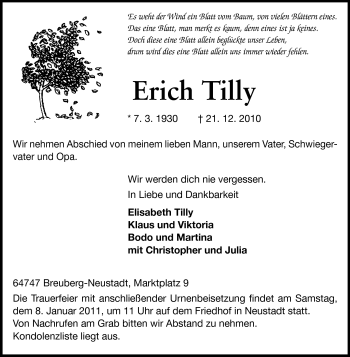 Traueranzeige von Hans Erich Tilly von Odenwälder Echo