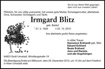 Traueranzeige von Irmgard Blitz von Echo-Zeitungen (Gesamtausgabe)