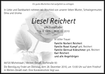 Traueranzeige von Liesel Reichert von Odenwälder Echo