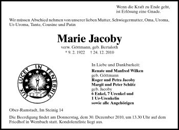 Traueranzeige von Marie Jacoby von Darmstädter Echo, Odenwälder Echo, Rüsselsheimer Echo, Groß-Gerauer-Echo, Ried Echo