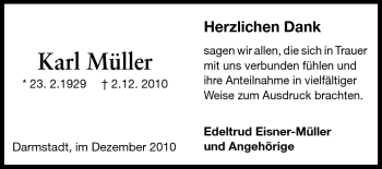 Traueranzeige von Karl Müller von Echo-Zeitungen (Gesamtausgabe)