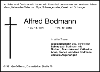 Traueranzeige von Alfred Bodmann von Rüsselsheimer Echo, Groß-Gerauer-Echo, Ried Echo