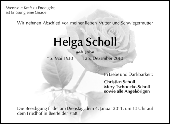 Traueranzeige von Helga Scholl von Odenwälder Echo