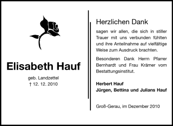 Traueranzeige von Elisabeth Hauf von Rüsselsheimer Echo, Groß-Gerauer-Echo, Ried Echo
