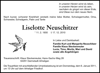 Traueranzeige von Liselotte Neuschitzer von Echo-Zeitungen (Gesamtausgabe) Traueranzeige von Liselotte Neuschitzer von Echo-Zeitungen (Gesamtausgabe)
