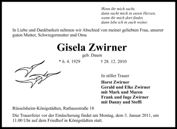 Traueranzeige von Gisela Zwirner von Rüsselsheimer Echo, Groß-Gerauer-Echo, Ried Echo