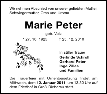 Traueranzeige von Marie Peter von Echo-Zeitungen (Gesamtausgabe)