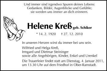 Traueranzeige von Helene Kreß von Darmstädter Echo, Odenwälder Echo, Rüsselsheimer Echo, Groß-Gerauer-Echo, Ried Echo