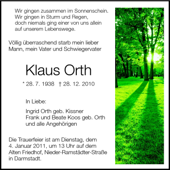 Traueranzeige von Klaus Orth von Darmstädter Echo, Odenwälder Echo, Rüsselsheimer Echo, Groß-Gerauer-Echo, Ried Echo
