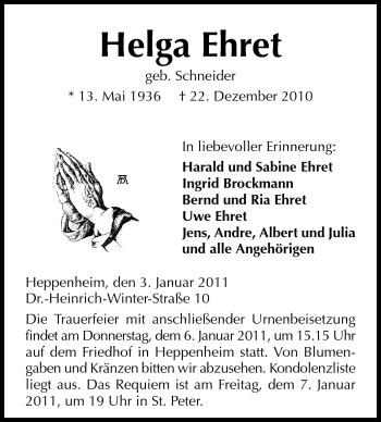 Traueranzeige von Helga Ehret von Starkenburger Echo