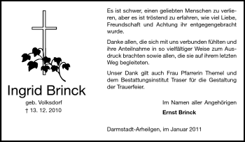 Traueranzeige von Ingrid Brinck von Darmstädter Echo, Odenwälder Echo, Rüsselsheimer Echo, Groß-Gerauer-Echo, Ried Echo
