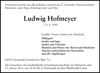 Traueranzeige von Ludwig Hofmeyer von Echo-Zeitungen (Gesamtausgabe)