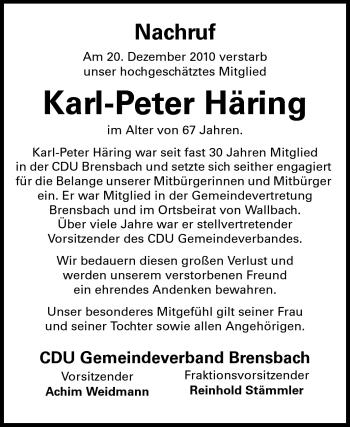 Traueranzeige von Karl-Peter Häring von Odenwälder Echo