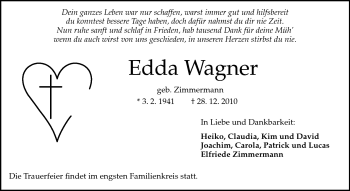 Traueranzeige von Edda Wagner von Darmstädter Echo, Odenwälder Echo, Rüsselsheimer Echo, Groß-Gerauer-Echo, Ried Echo