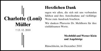 Traueranzeige von Charlotte Müller von Rüsselsheimer Echo, Groß-Gerauer-Echo, Ried Echo